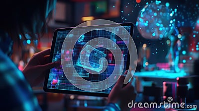 Software engineer working with futuristic interface on digital tablet, developing augmented reality Stock Photo
