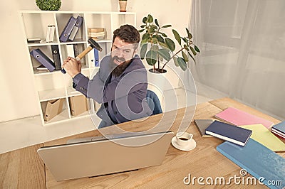 Software license agreement. Slow internet connection. Outdated software. Computer lag. Lagging system. Hate office Stock Photo