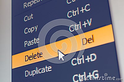 Software menu item with delete command Stock Photo
