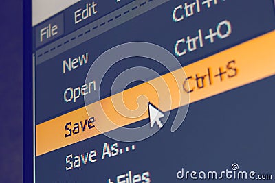 Software menu item with save command Stock Photo