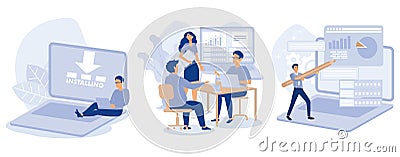 Software products concept, Operating system installation and update, working with database using professional software, data Vector Illustration