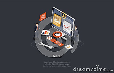 Software Testing And IT Professions. Developers Team Solving Errors, Bugs, Quality Assurance. IT Specialists Tester Team Vector Illustration