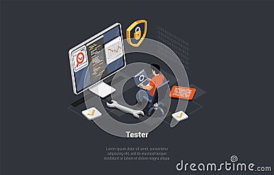 Software Testing And IT Professions. Protection Against Viruses And Hackers, Quality Assurance. IT Specialist Tester Vector Illustration