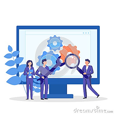 Software troubleshooting. Team workin on search and fixing technical problems. Vector concept illustration Vector Illustration