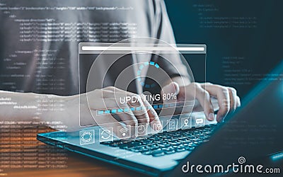 Software update or operating system upgrade, Updating progress bar on computer screen. Installing app patch. laptop, digital, Stock Photo