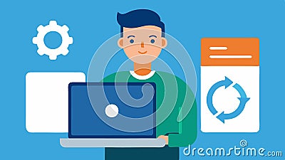 Software Update A technician displaying a laptop screen showing a software update process for a wearable device Vector Illustration