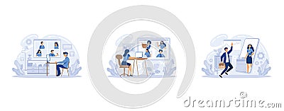 Software for videoconferencing and online communication, online meeting work from home, virtual work meeting set. People having Vector Illustration