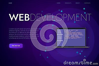 Software and web development landing page template. reslistic laptop with programming code, web app and desktop app Vector Illustration