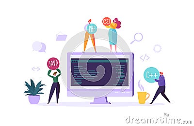 Software and Web Page Programming Concept. Programmer Characters Working on Computer with Code on Screen. Freelancer Vector Illustration