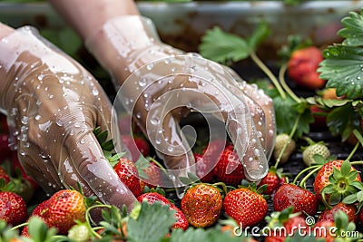 soggy strawberries being picked by hands clad in clear rain gloves Stock Photo