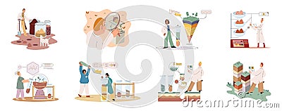 Soil analysis and earth pollution or structure control. Scientist measuring ground levels status metaphor Vector Illustration