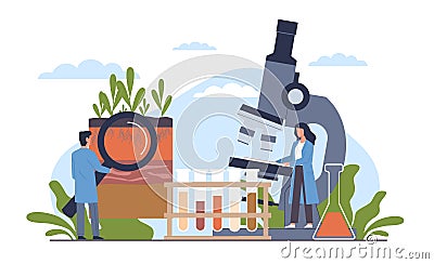 Soil analysis, study of composition of substances and microorganisms in ground layer structure sample. Scientists in laboratory. Vector Illustration