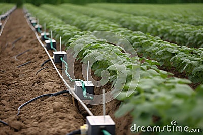 Soil and Crop Sensing. Plant Watering Alarm Sensor Detector. Detectors planted in the soil can monitor moisture levels at multiple Stock Photo