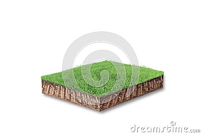 Soil cubical cross section with green grass isolated on white background Stock Photo