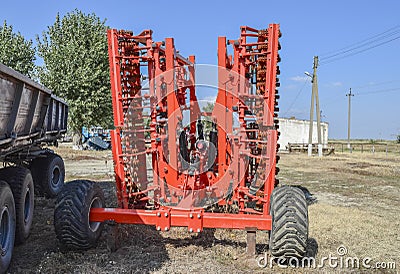 Soil disintegrator, deep loosener on the trailer. Stock Photo