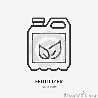 Soil fertilizer in plastic canister flat line icon. Vector thin sign of ground fertilization Vector Illustration