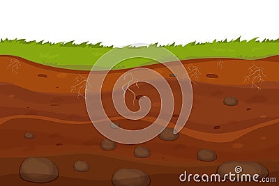 Soil, ground with layers, grass roots and stones, earth sections in cartoon style isolated on white background. Vector Illustration