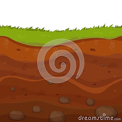 Soil, ground with layers, grass roots and stones, earth sections in cartoon style isolated on white background. Vector Illustration