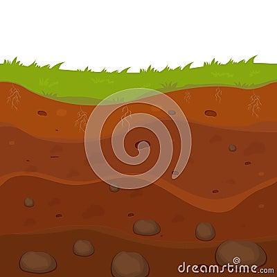 Soil, ground with layers, grass roots and stones, earth sections in cartoon style isolated on white background. Vector Illustration