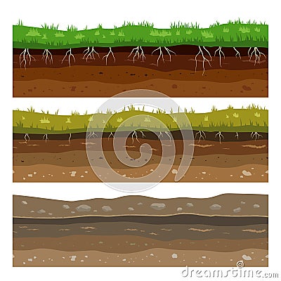 Soil ground layers. Seamless campo ground dirt clay surface texture with stones and grass. Vector Vector Illustration