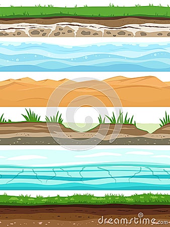 Soil layers. Campo ground surface land grass dried desert sand water. Ground levels seamless set Stock Photo