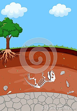 Soil Layers with cartoon dinosaur fossil Vector Illustration