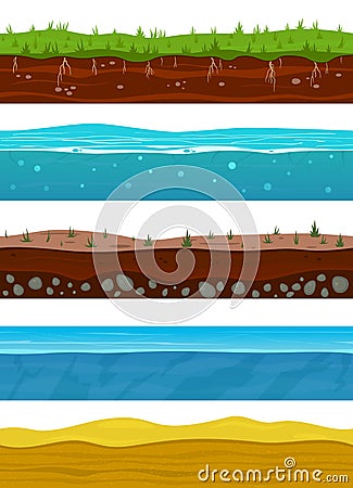 Soil layers. Game ground surfaces with land grass, dried desert sand, water and ice. Landscape levels seamless vector Vector Illustration