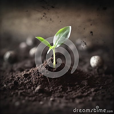 Soil with seeding sprout through. Grow concept. AI generated Stock Photo