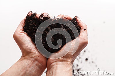 Soil in woman arms against white background close-up. Two hands holding a handful of ground soil. World soil day concept Stock Photo