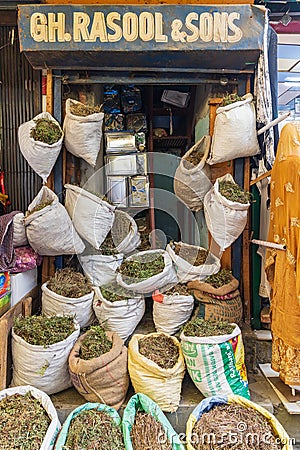 Dried herbs for sale at a market in Srinagar Editorial Stock Photo