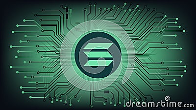 Solana SOL cryptocurrency token symbol in circle on abstract digital background with pcb tracks. Vector Illustration