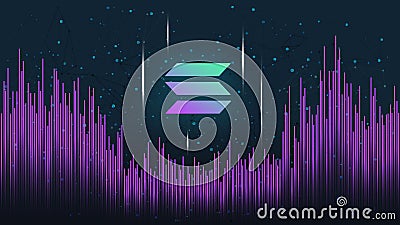 Solana SOL token symbol on dark polygonal background with wave of lines. Vector Illustration