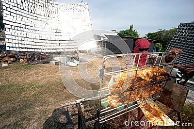 Solar-Barbecued pork from a glass. Stock Photo