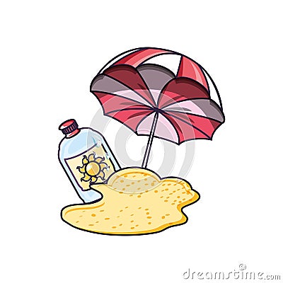 solar blocker bottle in the beach with umbrella Cartoon Illustration
