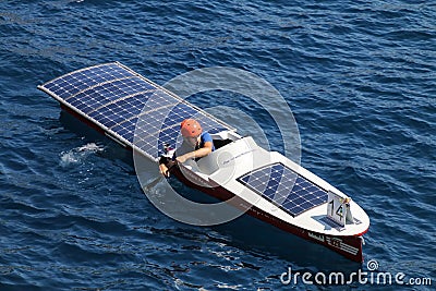 Solar boat in Port Hercules during Monaco Solar Boat Challenge. Editorial Stock Photo