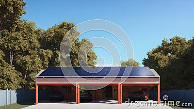 Solar Carport With House Technology Cut. Generative AI Stock Photo