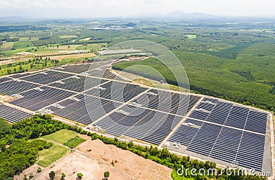 Solar cell energy farm. High angle view of solar panels on an energy farm. full frame background texture. Aerial view Power plant Stock Photo