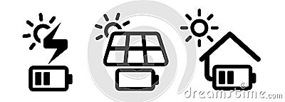 Solar cell panel in house charging battery electricity from sun icon set Vector Illustration