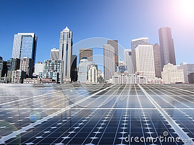 Solar cell power energy grid in city background Stock Photo