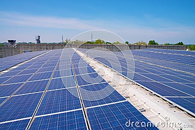 Solar cells on the roof of a factory Stock Photo