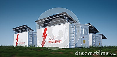 Solar container unit. 3d rendering concept of a white industrial battery energy storage container with mounted black solar panels Stock Photo