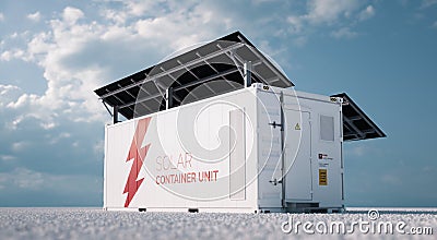 Solar container unit. 3d rendering concept of a white industrial battery energy storage container with mounted black solar panels Editorial Stock Photo