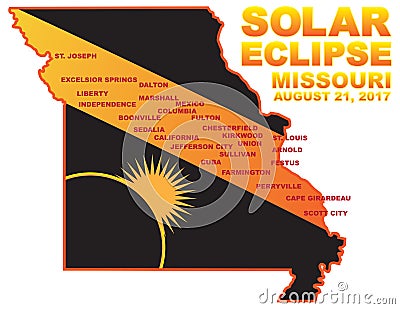 2017 Solar Eclipse Across Missouri Cities Map vector Illustration Vector Illustration