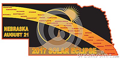 2017 Solar Eclipse Across Nebraska Cities Map vector Illustration Vector Illustration