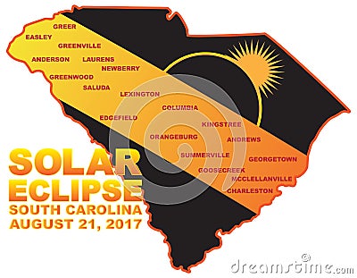 2017 Solar Eclipse Across South Carolina Cities Map Illustration Vector Illustration