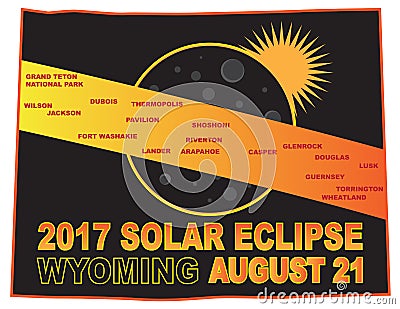 2017 Solar Eclipse Across Wyoming Cities Map vector Illustration Vector Illustration