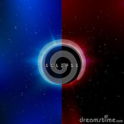 Solar eclipse. Astronomy effect - sun eclipse. Abstract astral universe background red and blue version. Rays of starlight burst Vector Illustration