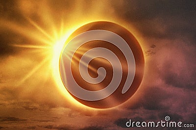 Solar eclipse with clouds in the sky and sun flare Stock Photo