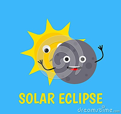 Solar eclipse cute cartoon character sun and moon vector illustration Vector Illustration