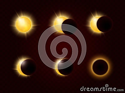 Solar eclipse in different phases, full cycle, realistic sun glow and sunshine ring Vector Illustration